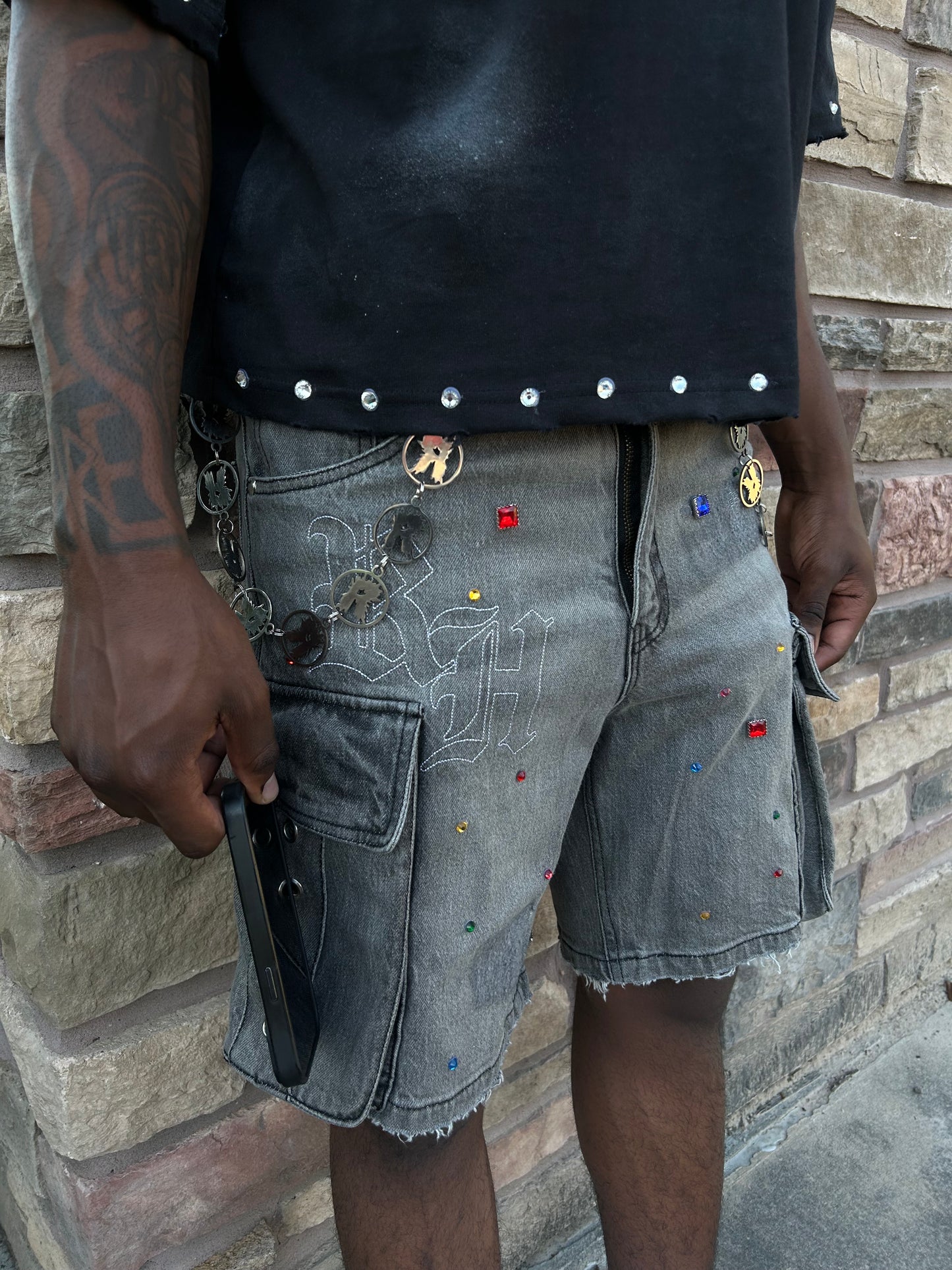 Grey Rhinestone Jorts
